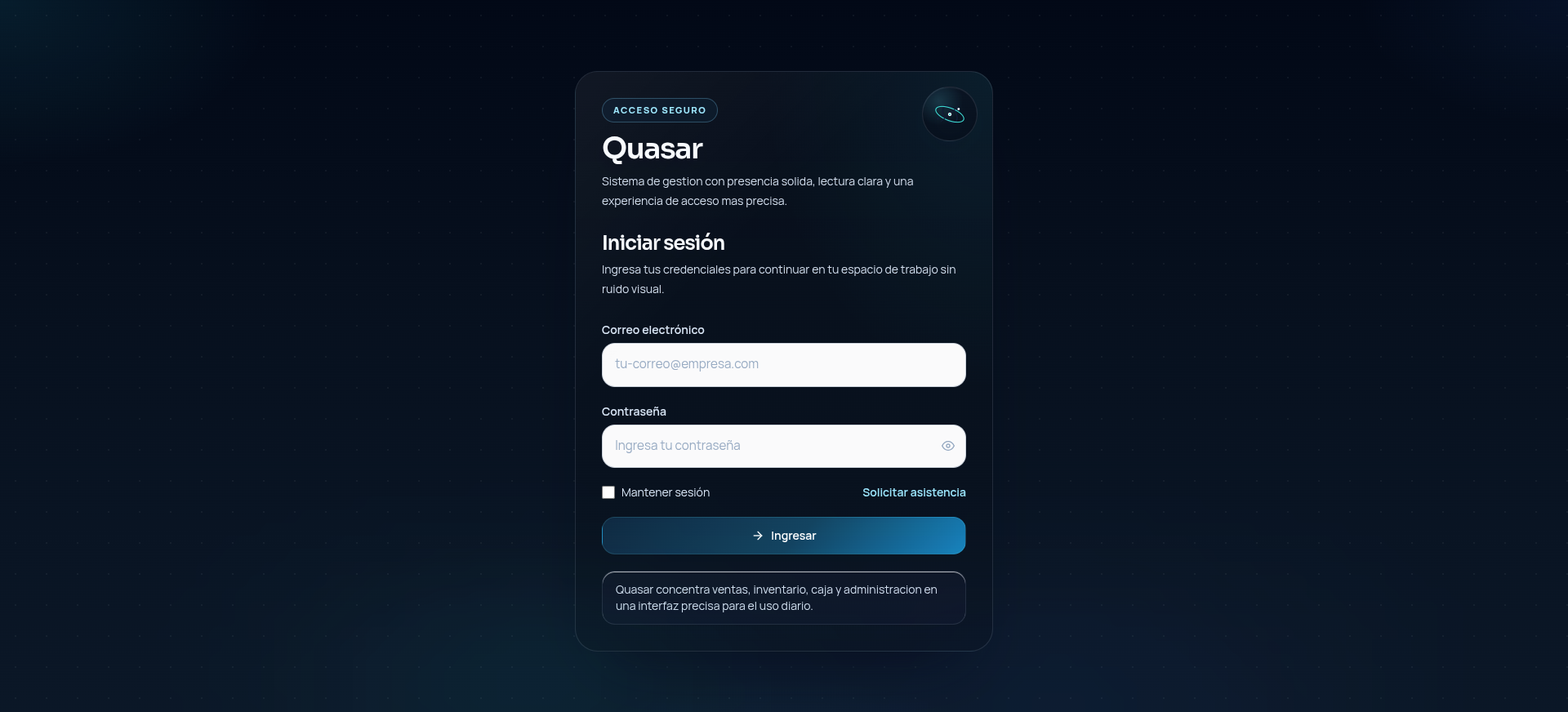 Pantalla de inicio de sesión de Quasar
