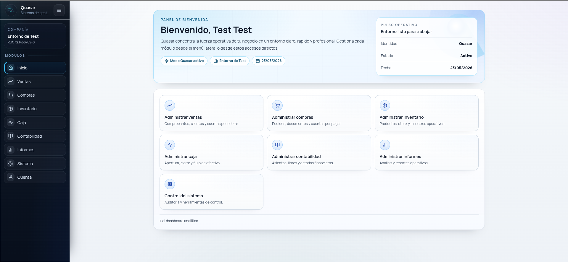 Panel de bienvenida con accesos directos de Quasar